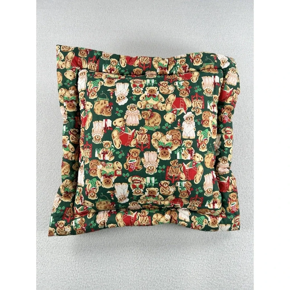 VTG Teddy Bear Christmas Square Throw Pillow Quilted Handmade 14